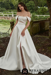 Herawhite - HW3311 Modern Off Shoulder Grace Slit And Strapless Mikado Wedding Dress