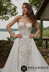 Herawhite- HW3429 Beaded Sequins Lace And Detachable Overskirt Wedding Dress