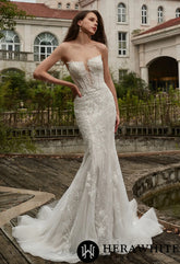 Herawhite- HW3429 Beaded Sequins Lace And Detachable Overskirt Wedding Dress