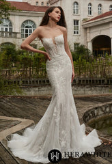 Herawhite- HW3429 Beaded Sequins Lace And Detachable Overskirt Wedding Dress