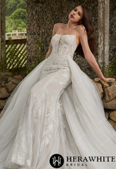 Herawhite- HW3429 Beaded Sequins Lace And Detachable Overskirt Wedding Dress
