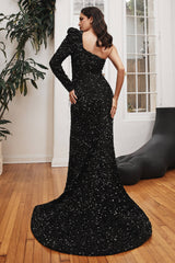 Cinderella Divine- CD885 ONE SHOULDER LONG SLEEVE FITTED SEQUIN GOWN