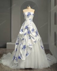 Herawhite HW3088 White and Blue Motiff Satin Ball Gown