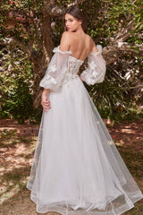 Cinderella Divine CD962- LACE STRAPLESS LAYERED TULLE BALL GOWN WITH PUFF SLEEVES