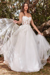 Cinderella Divine CD962- LACE STRAPLESS LAYERED TULLE BALL GOWN WITH PUFF SLEEVES