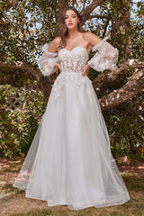 Cinderella Divine CD962- LACE STRAPLESS LAYERED TULLE BALL GOWN WITH PUFF SLEEVES