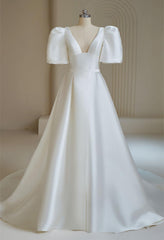 Herawhite Bridal-HW3210 Mikado Square Neck and Puff Sleeve Wedding Dress