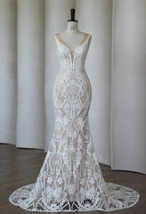 Herawhite Bridal- HW3319 Boho Lace Mermaid Wedding Dress With Deep Plunging V Neck