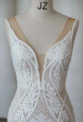 Herawhite Bridal- HW3319 Boho Lace Mermaid Wedding Dress With Deep Plunging V Neck