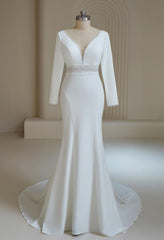 Herawhite Bridal -HW3370 Deep V Neck Crepe Mermaid Wedding Dresses With Full Sleeves