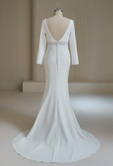 Herawhite Bridal -HW3370 Deep V Neck Crepe Mermaid Wedding Dresses With Full Sleeves