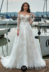 Herawhite - HW3345 Shimmer Grace Long Sleeves Wedding Dress with Illusion Back