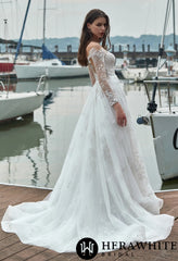 Herawhite - HW3345 Shimmer Grace Long Sleeves Wedding Dress with Illusion Back