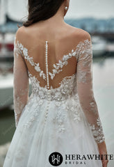 Herawhite - HW3345 Shimmer Grace Long Sleeves Wedding Dress with Illusion Back