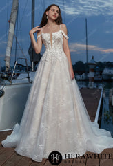 Herawhite- HW3346 Floral Appliques V-Neck Grace Wedding Dress with Corset Back