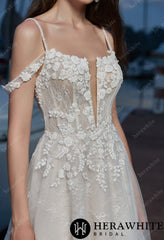 Herawhite- HW3346 Floral Appliques V-Neck Grace Wedding Dress with Corset Back