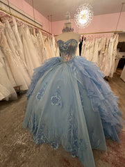 Cinderella Blue Quince Dress with tiered skirt and train