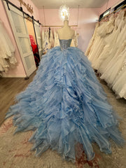 Cinderella Blue Quince Dress with tiered skirt and train