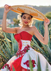 Red and White Charro Strapless Shoulder Ragazza Fashion Quinceanera Style M25-125