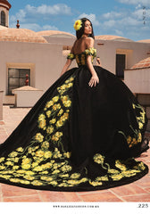 Black and Yellow Floral Embroidered Quinceanera Dress by Ragazza Fashion Style MV49-149