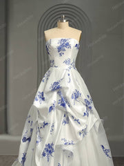 Herawhite HW3088 White and Blue Motiff Satin Ball Gown