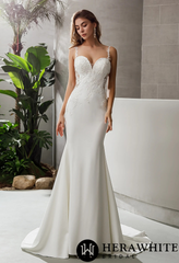 Herawhite Style HW2516 Size 16 Crepe Fit and Flare Crepe Silhouette Wedding Dress With Lace Straps