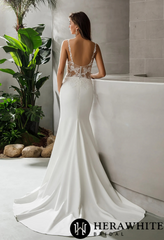 Herawhite Style HW2516 Size 16 Crepe Fit and Flare Crepe Silhouette Wedding Dress With Lace Straps