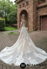 HeraWhite Bridal- HW3039 Floral Lace A-Line Wedding Dress With Sheer Train