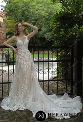 HeraWhite Bridal- HW3039 Floral Lace A-Line Wedding Dress With Sheer Train