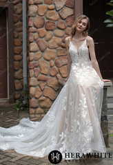 HeraWhite Bridal- HW3039 Floral Lace A-Line Wedding Dress With Sheer Train