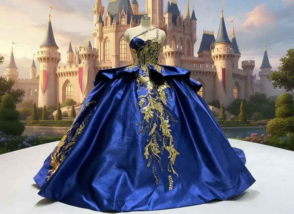 A royal blue ball gown with gold embellishments on the bodice and skirt is displayed on a mannequin. In the background, a fairytale castle stands under a bright sky.