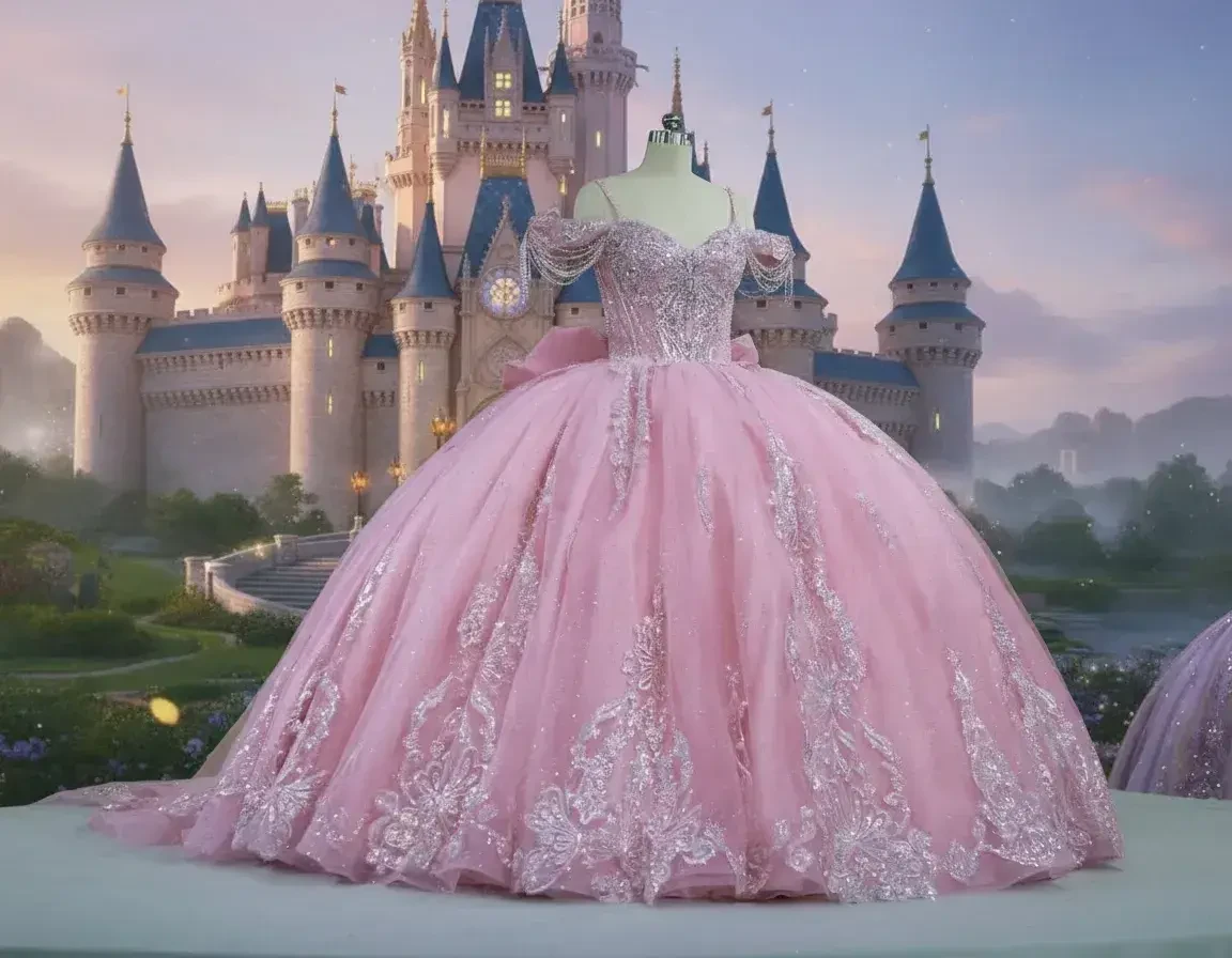 A pink ball gown adorned with intricate lace and beadwork is displayed on a mannequin against a magical castle backdrop at twilight, evoking a fairytale ambiance.