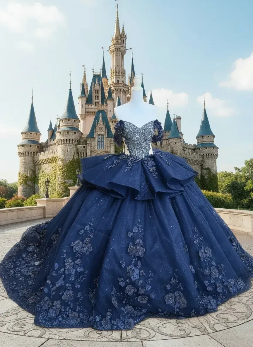 A stunning, glittery blue ball gown with floral patterns is displayed on a mannequin in front of a fairytale-like castle under a clear blue sky.