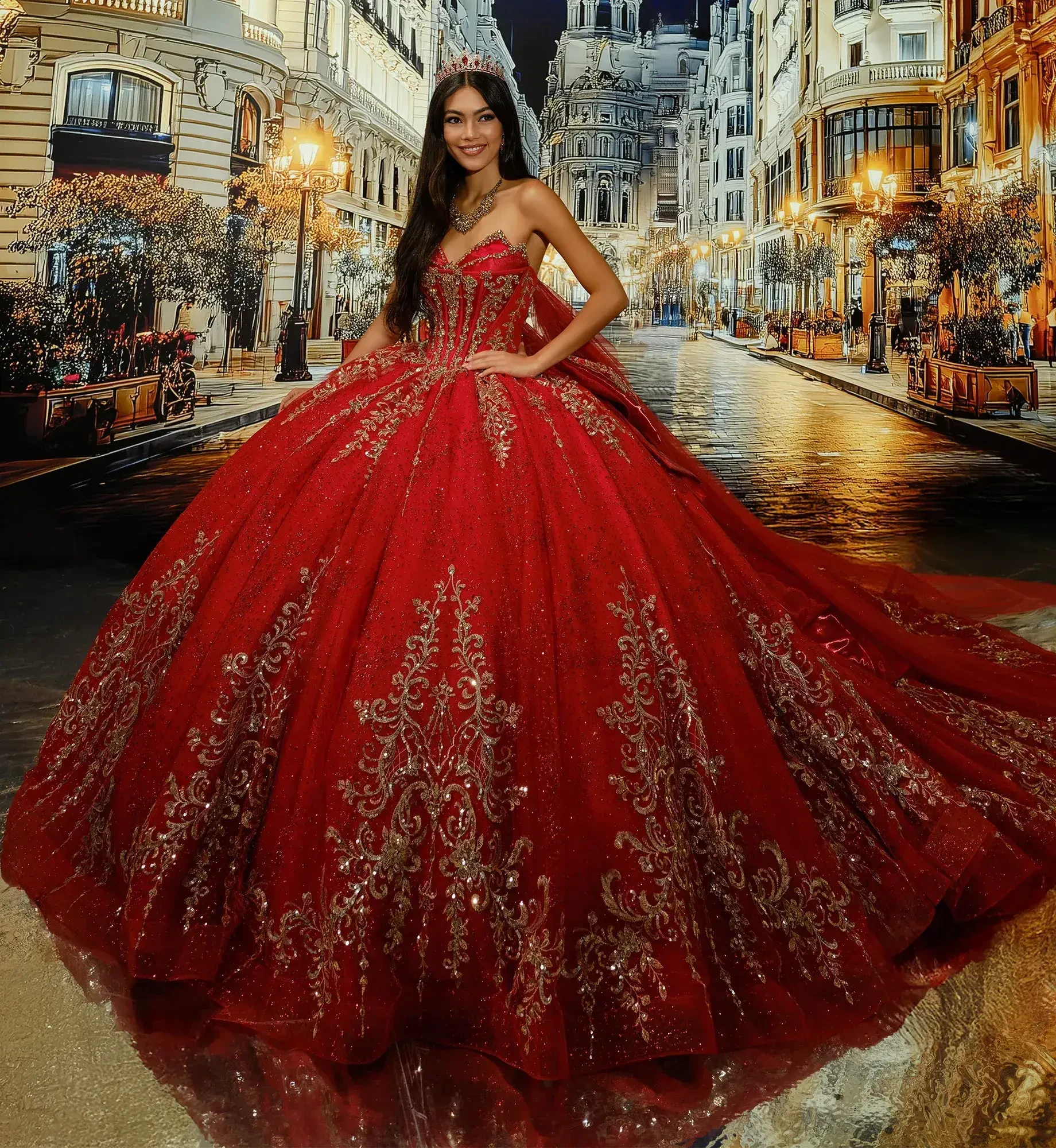 A person in a stunning red gown with intricate embroidery stands on a street lined with buildings and streetlights, creating an elegant atmosphere.