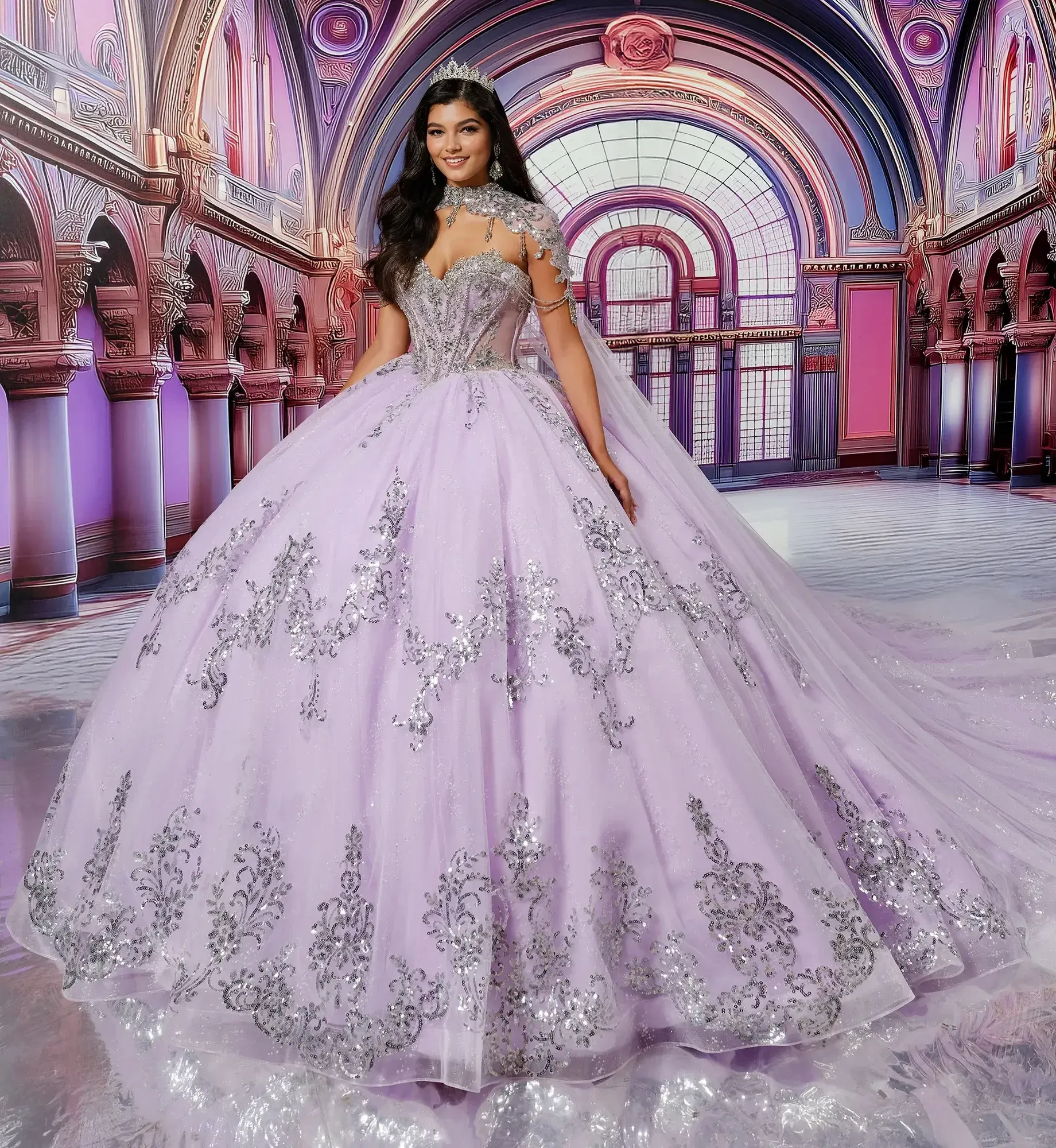 A woman in a grand, sparkling lavender gown with intricate silver embellishments, standing elegantly in a lavishly decorated interior.